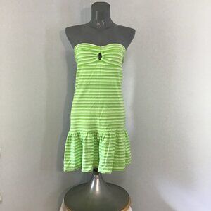 Split Strapless Striped Mini Dress With Ruffled Hem Size L